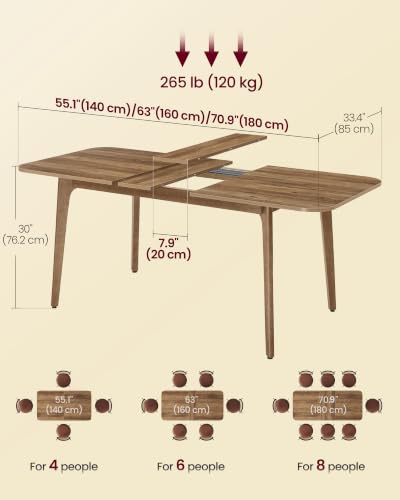 Image of VASAGLE MAEZO Collection - Extendable Dining Table for 4 /6 /8, Kitchen Table with Tapered Legs, Curved Transitions, for Dining Room, Kitchen, Home Office, Honey Brown UKDT090K01V1