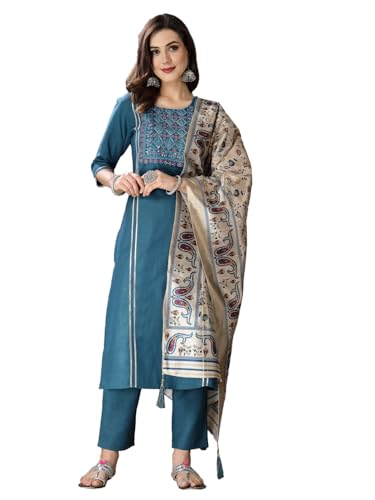 Image of Stylum Women's Embroidered Cotton Blend Straight Kurta Pant with Dupatta