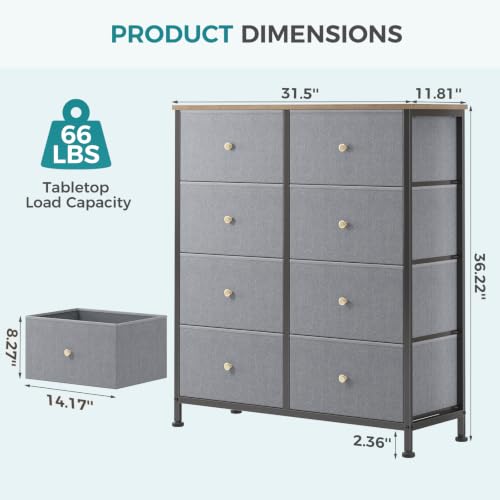Image of OLIXIS 8 Drawer Storage Dresser for Bedroom, Closet Organizers Units | Fabric Dresser with Wooden Top, Chest of Drawers Clothes Storage, Tower Cabinet, TV Stand Furniture, Gray Blue