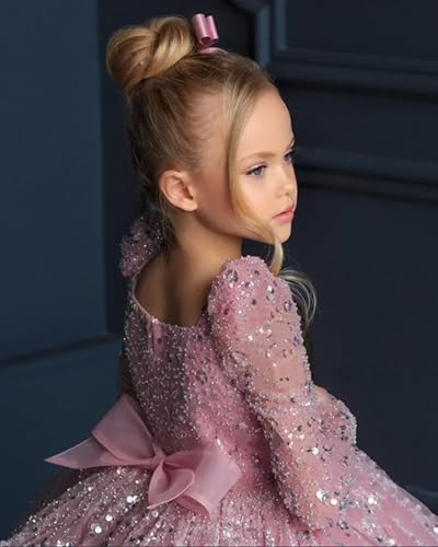 RYANTH Girls Sequin Pageant Dress Sparkly Short Flower Girl Dress Long Sleeves Elegant Birthday Party Dress RW482