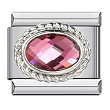 Mon & Sons July Ruby Pink Birthday Birth Stone Month Charm Silver Italian Link Stainless Steel Bracelet Charm Compatible With 9mm Bracelet