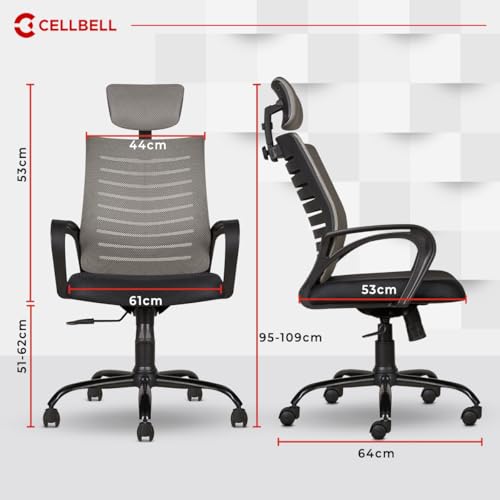 Image of CELLBELL Desire C104 Mesh High Back Ergonomic Office /Study Revolving /Computer Chair for Work from Home - Metal Base, Seat Height Adjustable, Grey