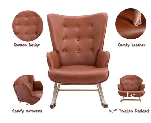 Cimota Leather Rocking Chair Nursery, Modern Armchair Tufted Wingback Comfy Rocker Chair With Thick Padded Seat For Nursery/Bedroom/Living Room, Faux Leather Retro Brown #TOP1