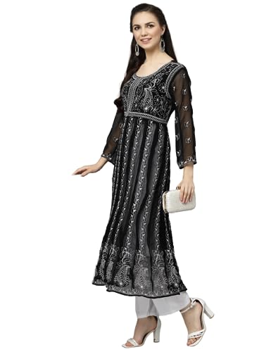 Image of Yashika Women's Chanderi Women Chikankari Long Sleeve Embroidered Anarkali Nayra Kurta(Ys-K1112)