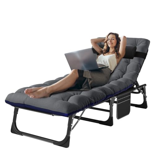 Image of ABORON Patio Lounge Chair, Folding Adjustable Chaise Chair, Max 450LB Load | 5-Gear Adjustable, Zero-Assemble, 75in Length, With Cotton Pad, Side Pocket, for Home, Garden, Beach, Office, Camping