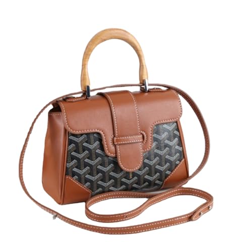 Image of HIONRE Genuine Cowhide Leather Tote Bag For Women Crossbody Bags Satchel Wood Top-Handle Bag Gift for Lady