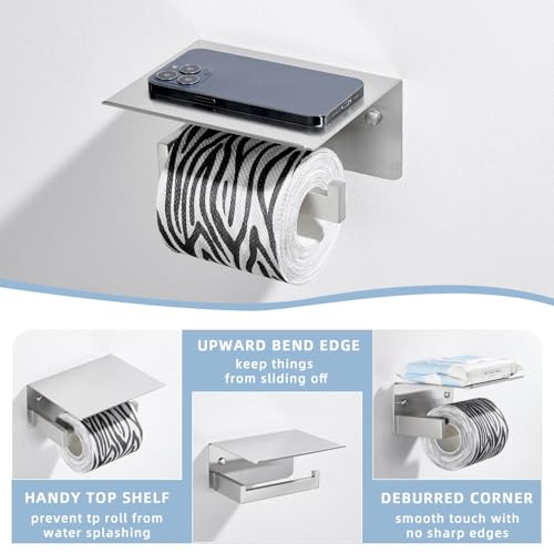 Image of Angle Simple Toilet Paper Holder with Storage Shelf, Brushed Nickel | SUS304 Stainless Steel Bathroom Tissue Roll Holder, Fit Most Rolls, Top Shelf for Placing Phone Wet Wipes, Screw Wall Mount