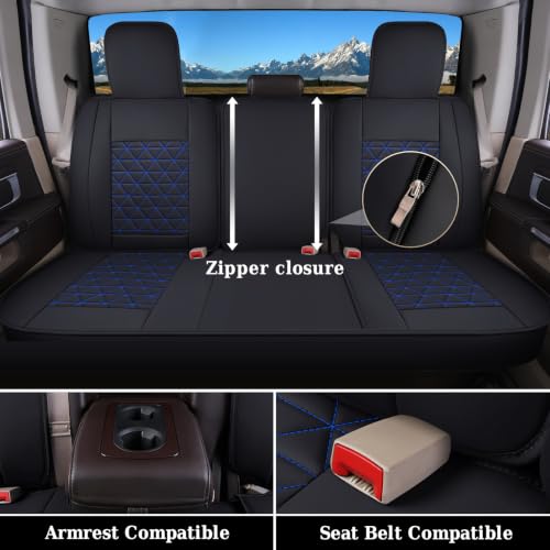Image of Coverado Car Seat Covers Full Set, Leather RAM 1500 Seat Covers Protectors Compatible with 2002-2026 Dodge RAM 1500 2500 3500 Crew Double Mega Quad Cab with Flat Bench, Black&Blue line
