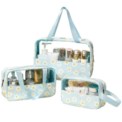 kamumanni Travel Toiletry Bag, 3 Piece Waterproof Makeup Bag Set, Floral Pattern Cosmetic Organizer Bag with Handle, Spacious Makeup Bag with Clear Window (Light Blue, Floral)