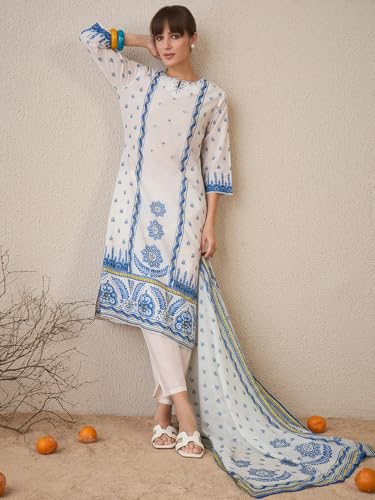 Image of INDO ERA Women's Pure Cotton Straight Ethnic Motifs Printed Inches Kurta With Pant with Dupatta Set (IESTR9762)