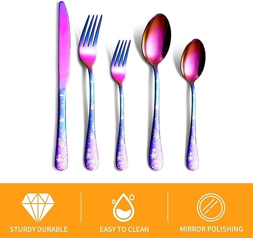 Image of aDai Rainbow Silverware Set | Satin Finish 5-Piece Flatware Set with Unique Floral Printed Handle | Dishwasher Safe Stainless Steel Cutlery for Home, Restaurant & Gifting