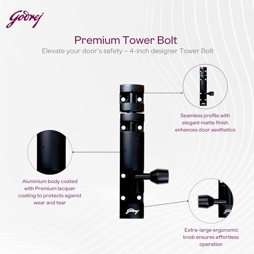 Image of Godrej Door Fittings | 4 inch Tower Bolt | Premium Matte Black Finish | Kundi for Better Grip & Easy Operation-Chitkani /Chitkini for Main Door, Bedroom, Bathroom, Wardrobe | 1 Year Warranty