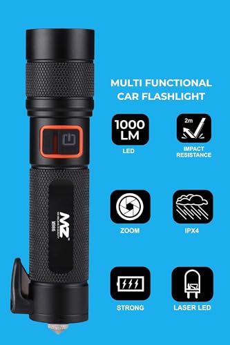 Image of MZ M986 Car Emergency LED Light - Black | with 4 Different Modes, Hammer and Seatbelt Cutter | Zoomable Torch Emergency Car Escape Tool | Window Breaker