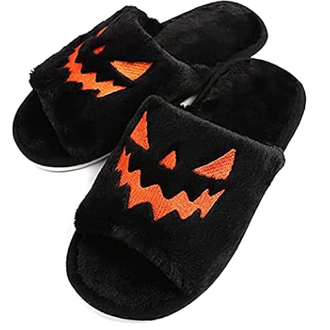 Women Plush Slippers With Fuzzy Pyjamas Shoes Halloween Lantern Womens Winter Anti-Slip Rubber Sole Indoor Slipper Shoes ​Cute Halloween Pumpkin Fuzzy Warm Home Shoe Cover