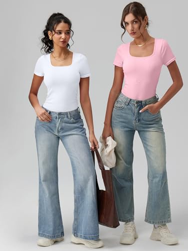 Image of OQQ Women Bodysuits Ruched Short Sleeve Square Neck Stretch Lounge Travel Bodysuits
