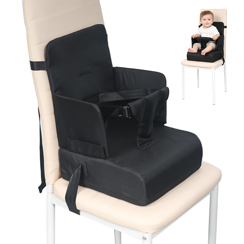 Booster Seat for Dining Table for Toddler Kid Baby, Adjustable Kids Breathable Booster Seat for Kitchen with Backrest and Adjustable Straps, Sage (Black)
