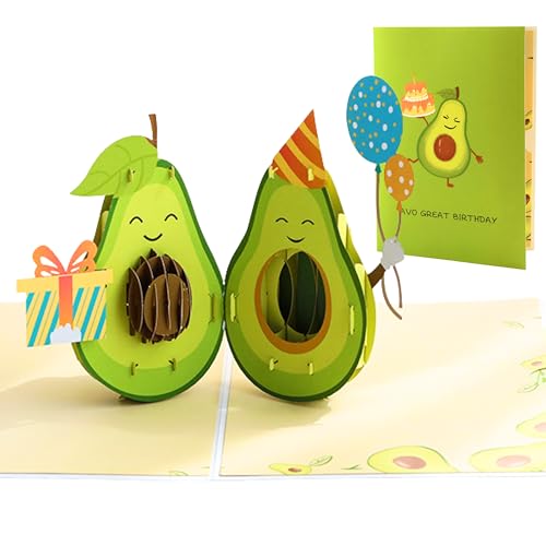 DORAFIORA 3D Pop-Up Karte Avocado Lustige Geburtstagskarte Avocado-Paar mit Ballons & Geschenk | Witzige Pop Up Karte für Kinder & Erwachsene | inkl. Umschlag