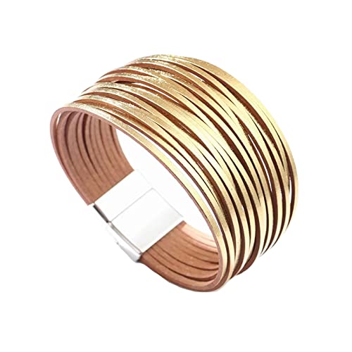 Image of KunBead Jewelry Womens Sparkly Gold Leather Wrap Bracelets Handmade Braided Boho Multilayer Magnetic Buckle Bracelet Wristband Cuff Bangle Birthday Gifts