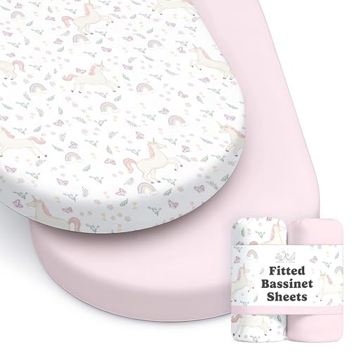 Image of Baby Bassinet Sheets for Boy, Girl (Unicorn Blossom) 2-Pack - Fitted Bedside Bassinet Sheets - Buttery Soft Cotton Blend for Standard Mattress Pad - Compatible with Halo BassiNest