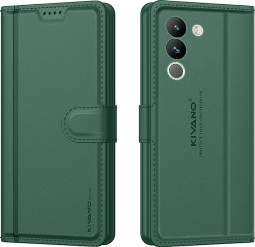 Image of KIVANO LUXE Compatible for Vivo Y200 5G Luxury Handmade Leather Magnetic Flip Folio Case | Card Holder & Kickstand | Slim Protective Cover | Unisex - Green