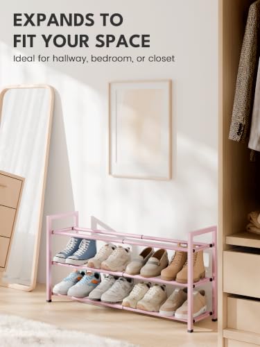 Image of Bumusty 3-Tier Expandable Shoe Rack for Closet, 18 inch-33 inch Adjustable Shoe Rack for Small Space, Small Shoe Organizer for Front Door, Sturdy Metal, Pink