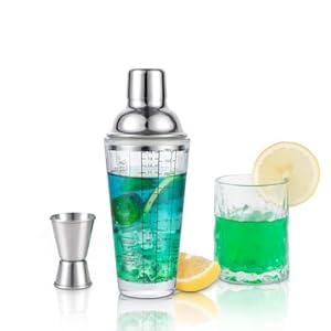 Ailelan Glass Cocktail Shaker with Strainer, 14oz Martini Shaker with 6 Recipes On Side, Clear Drink Shaker Bottle with Measurements, Bar Shakers Set Bartender Kit for Mixing Cocktail, Margarita