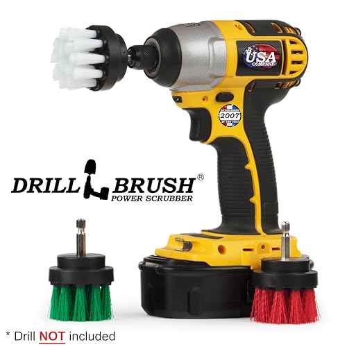 Image of Drill Brush Power Scrubber by Useful Products - 2-Inch Round Cleaning Brushes, Set of 3, Green, Red, White