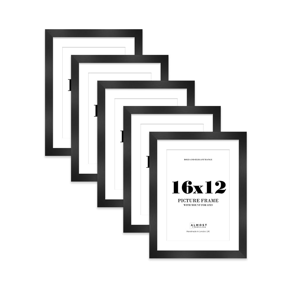 16x12 Black Frame With Mount for 13x9 Pictures 28mm Edge Portrait and Landscape Display with Wall Hooks, 5 Pack