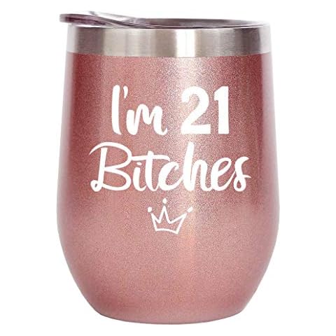 Nuzabee 21st Birthday Gifts for Women 12oz Wine Tumbler with Lid | Funny 21 Year Old Birthday Gift for Her | Birthday Decoration Ideas | Finally 21 Shot Glass | Rose Gold Cup with Tiara Print Cover