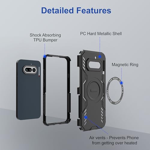 Image of amazon basics Back Case Cover for Nothing Phone (4a) | Magnetic Case with Built-in Metal Ring | Supports MagSafe Charger, Wallet & Car Mount | Shockproof Hybrid PC + TPU | Black