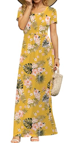 Image of DB MOON Womens 2024 Casual Summer Maxi Dresses Short Sleeve Empire Waist Spring Long Dress with Pockets(Yellow Floral, L), Large
