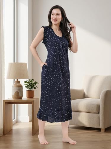 Image of CLOUD SOFT Women's Viscose Blend Comfort Short Nighty with Side Pockets | Soft Printed Short Night Dress for Everyday Wear | Easy to Wear (CS5001)