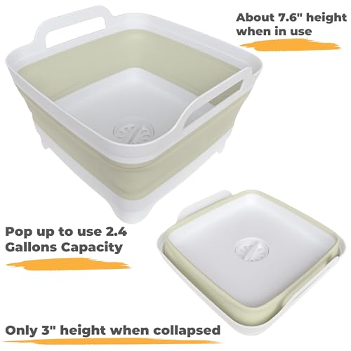 Image of GIMWA Collapsible Wash Basin for Baby Bottles - 2.4 Gallons Portable Wash Bin for RV Camping Sink, Space-Saving Dish Tub (Green)