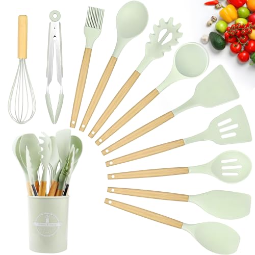 Jeinbuil Set di utensili da cucina, 12 pezzi, in silicone, antiaderenti, utensili da cucina, pentole resistenti al calore, con manico in legno, lavabili in lavastoviglie