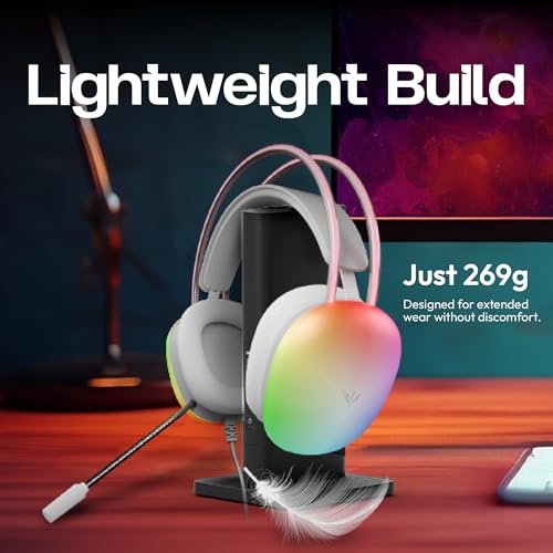 Image of VERITY Over-Ear Wired Gaming Headset for PC, Lightweight Comfort Design with Mic, Powerful 40mm Audio Drivers, RGB Lighting, Adjustable Headband, Soft Breathable Ear Cushions, 3.5mm AUX, White