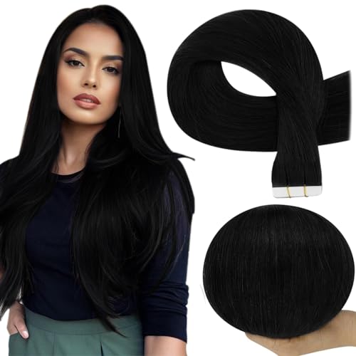 Full Shine Black Virgin Tape in Hair Extensions Human Hair Color 1 Jet Black 16 Inch Tape in Double Sided Seamless Hair Extension Invisible Skin Weft Hair 20Pcs 50Gram Add Volume for Thinning Hair