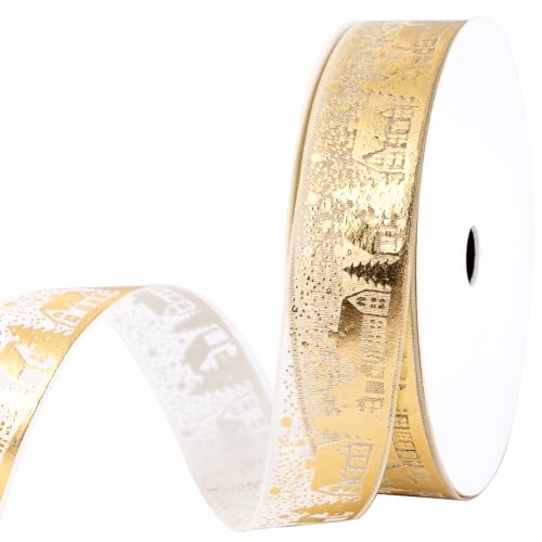 Holijolly Christmas Gold Sheer Ribbon - Christmas Tree and House Snow Yarn Ribbon for Gift Wrap, Decorating - 3/4 inch x 10 Yard