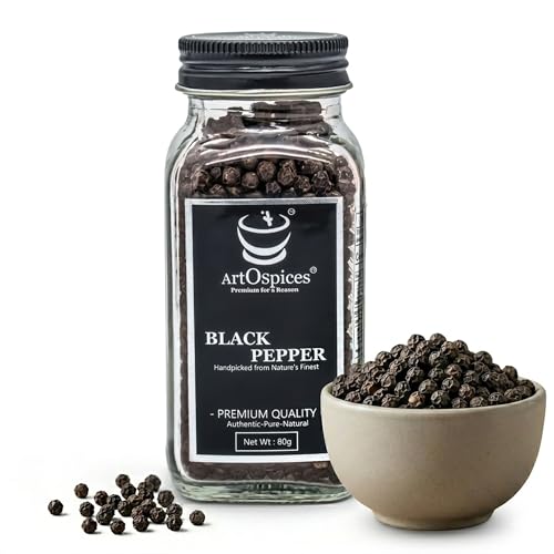 Image of ArtOspices Whole Black Pepper (Kali Mirch) 80g | Idukki Spices | Bold Black Peppercorns | Fresh Aromatic -Kerala | 100% Natural Sun-Dried | Premium Glass Jar