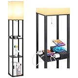 Mlambert Modern Shelf Floor Lamp with Wireless Charger & Fast Charging USB Ports & Type C Port & 2 Power Outlets,3 Tier Storage Lamp for Bedroom,Black