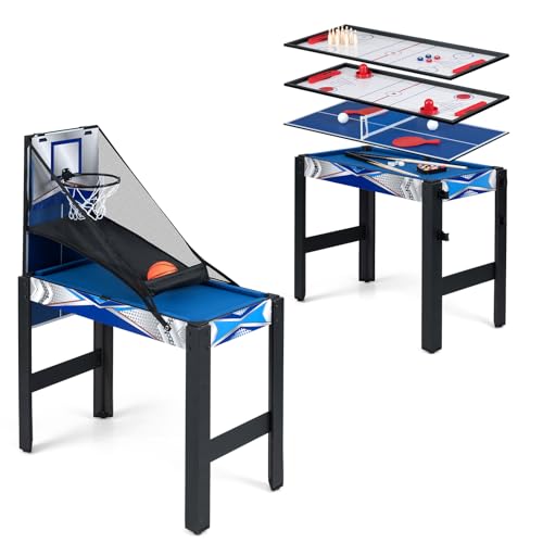 COSTWAY Mesa Multijuegos, Mesa de Juego Combinada con Baloncesto, Billar, Ping Pong, Hockey, Shuffleboard, Bolos para Niños y Adultos para Fiesta, Sala de Juegos, Sala de Estar (6 en 1)