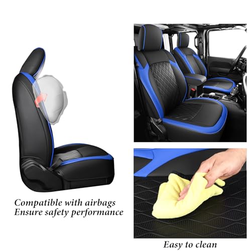 Image of Coverado Seat Covers 4 Door for Jeep Wrangler, 2PCS Leather Car Seat Cover for Jeep Wrangler Vehicle Accessories Custom Fit for 2018-2026 Jeep Wrangler Seat Covers 2-Door /4-Door(Blue)