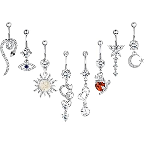 MILACOLATO 14G Belly Button Rings Dangle for Women Surgical Steel Belly Piercing Silver Gold Summer Sun Snake Skull Hand with Opal Clear CZ Belly Bar Navel Piercing Jewellery 8Pcs Cover