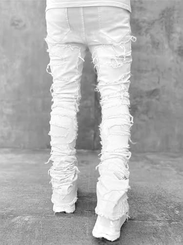 Men's Regular Fit Stacked Jeans Ripped Skinny Distressed Destroyed Straight Denim Pants Streetwear4