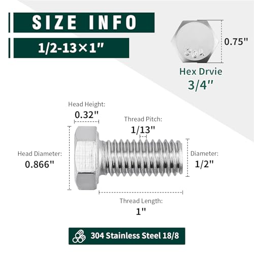 Image of (5 Sets) 1 /2-13 x 1 Hex Bolt and Nut Kit, 304 Stainless Steel (18-8), Fully Threaded, Flat & Lock Washers Included