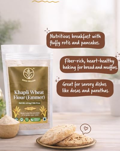 Image of Shiva Organic Khapli Wheat Flour (4.5 kg) | High Dietary Fiber for Easy Digestion | Stoneground Emmer Wheat Flour | Khapli Atta