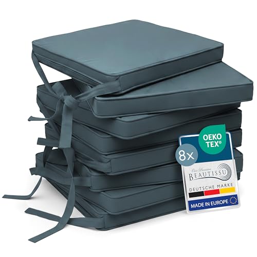 Beautissu Loft SK cojín de Silla 45x40 cm Azul Gris - Juego de 8 Cojines de Silla con Correas Cojín de Asiento para sillas, Antideslizante con Correas de fijación Almohadilla de tapicería