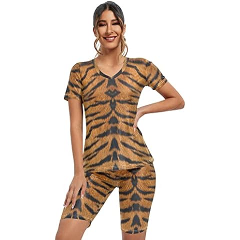 Women Two Piece Outfits Daily Wear Sets, Tropical Animal Tiger Print Yoga Workout Short Sleeve V Neck Biker Shorts Set Sports Suit short Sleeve top and Pants Cover