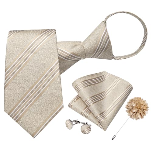 Image of DiBanGu Mens Zipper Tie Silk Pre-Tied Necktie with Gift Box | Jacquard Woven,Paisley Solid Plaid Pattern,6PCS with Pocket Square,Cufflinks and Lapel Pin,for Wedding Party Formal Business