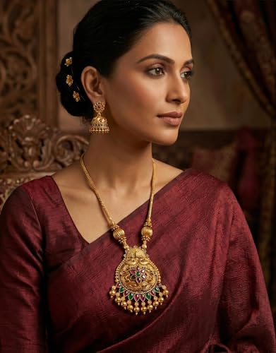 Image of Traditional Gold-Plated Lakshmi Temple Pendant Necklace Set for Women | Antique South Indian Jewelry with Jhumka Earrings | Ethnic Bridal, Wedding & Festive Jewelry Set