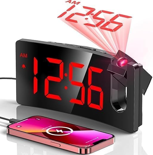 SHOPLUV See Ever Projection Alarm Clock, Digital Clock with 180° Rotatable Projector, 3-Level Brightness Dimmer, Clear LED Display, USB Charger, Progressive Volume, 9mins Snooze